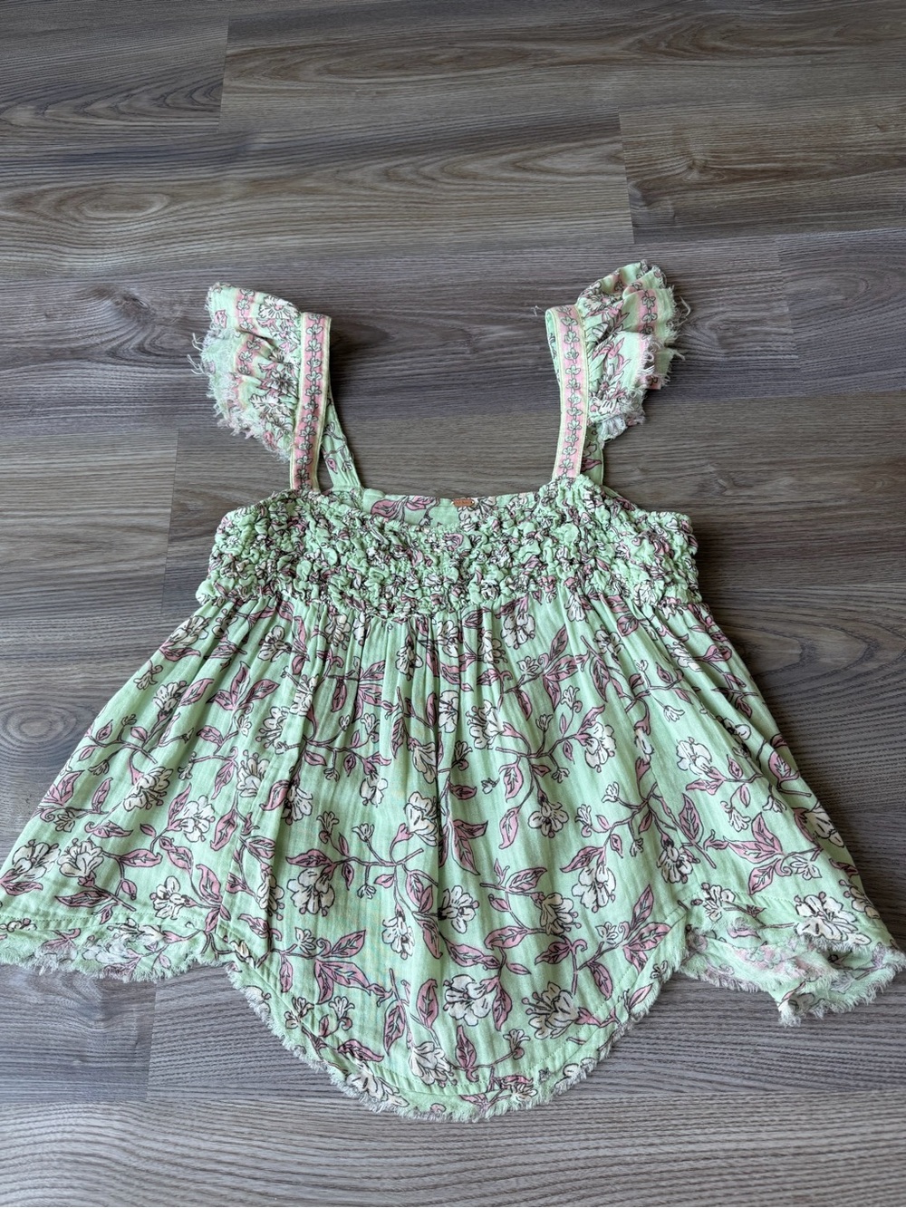 Free People Mint Green Floral Smocked Camisole with Pink Accents